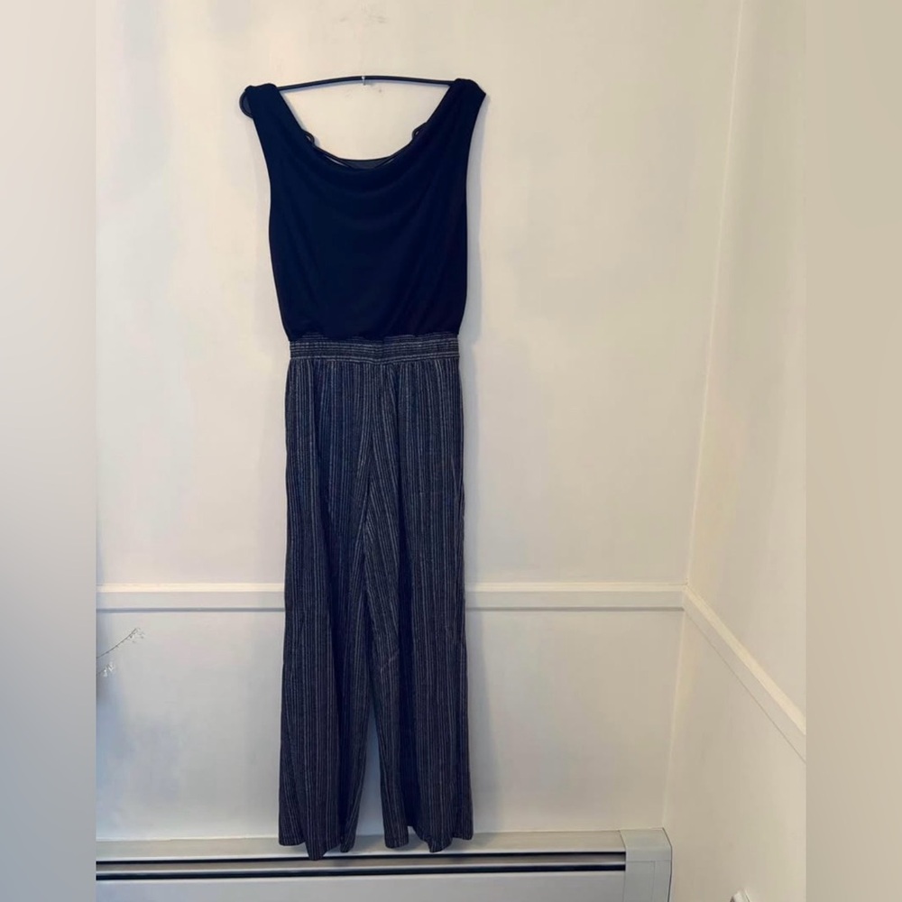 Emma&Michele Womens Sparkling Jumpsuit.Black /Silver &Black Stripe -Belted -Sz M